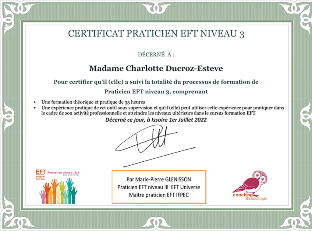 Charlotte Ducroz Esteve Diplome prat EFT 3 juillet 2022